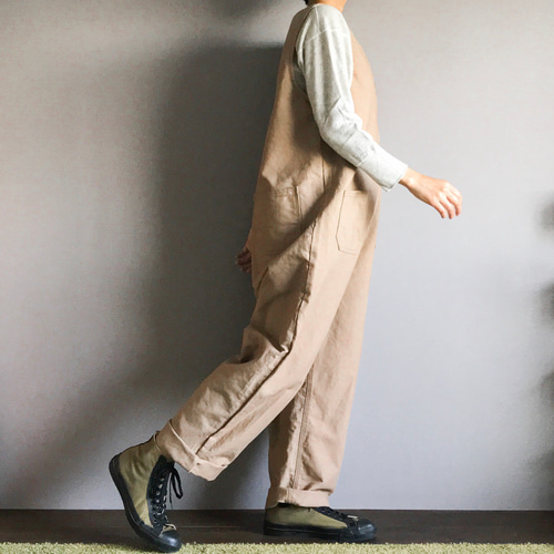 ジップオーバーオール□サロペット□ベージュ ロングパンツ NUU