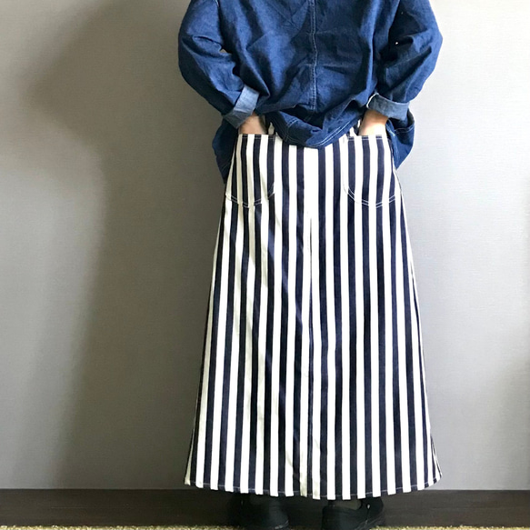 ■太インディゴストライプ■スカートに見えるワイドパンツ 5枚目の画像