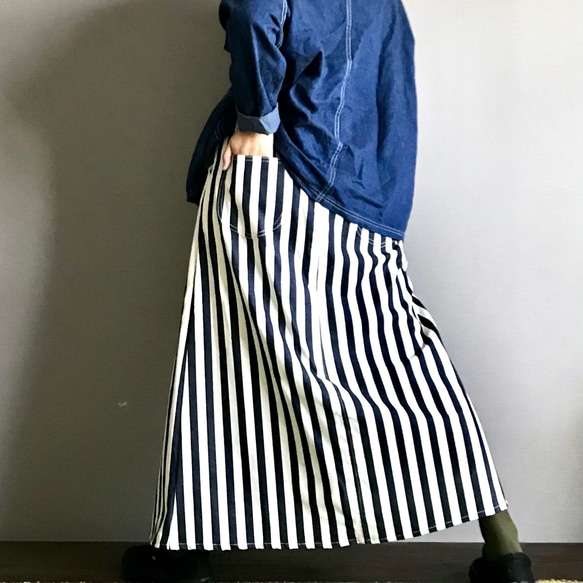 ■太インディゴストライプ■スカートに見えるワイドパンツ 6枚目の画像