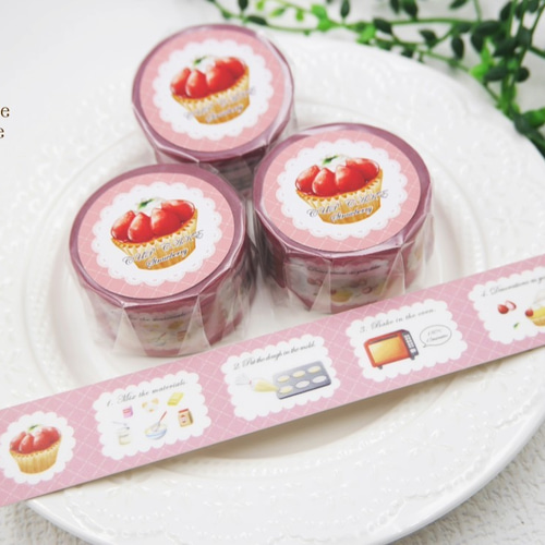 本物のお菓子のレシピを描いたマスキングテープ（ストロベリーカップ