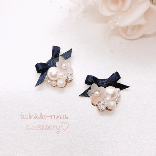 選べるカラー》リボンピアス/イヤリング コットンパール×ビジュー 