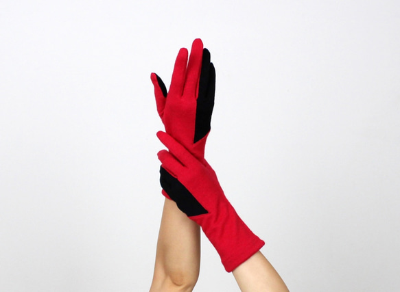 % PERCENT スマホ対応 手袋（レッド・ブラック）女性用・ウール１００%・タッチパネル対応・縫製手袋 1枚目の画像