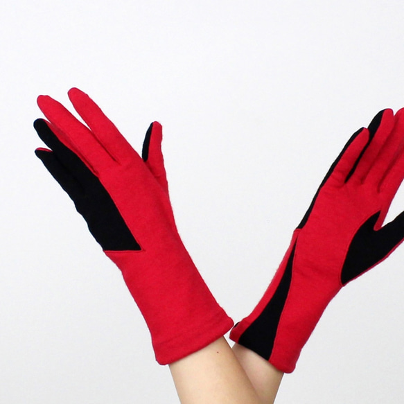% PERCENT スマホ対応 手袋（レッド・ブラック）女性用・ウール１００%・タッチパネル対応・縫製手袋 2枚目の画像