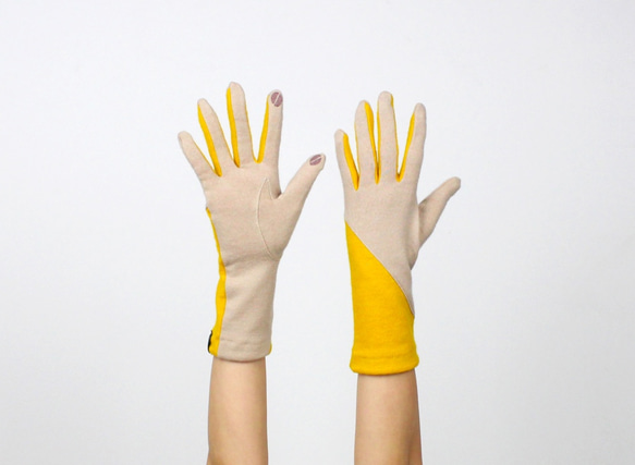 % PERCENT スマホ対応 手袋（ベージュ・イエロー）女性用・ウール１００%・タッチパネル対応・縫製手袋 2枚目の画像