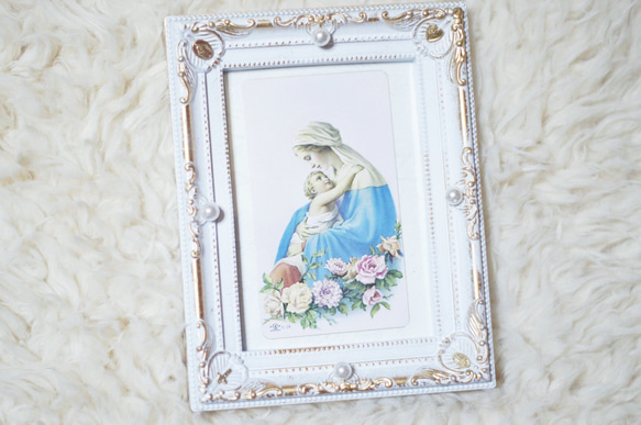 再販★イタリアの聖母子柄聖画フォトフレーム(背景ピンク) ホワイト 1枚目の画像