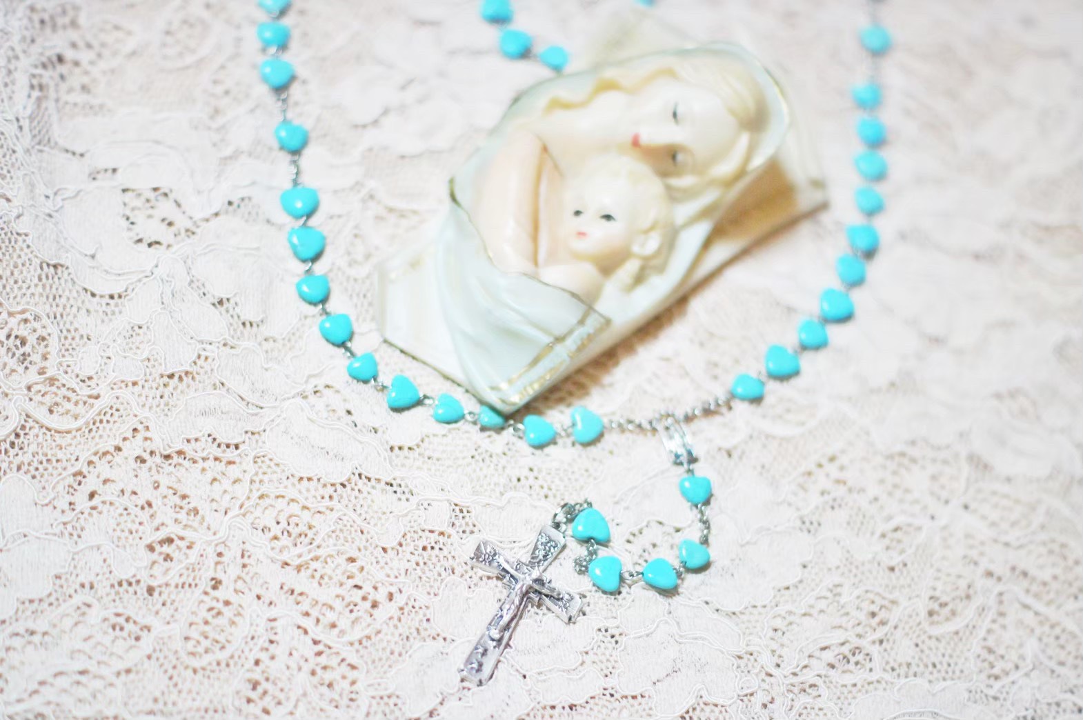 お星さまに祈るハートのマグネサイトターコイズのロザリオ