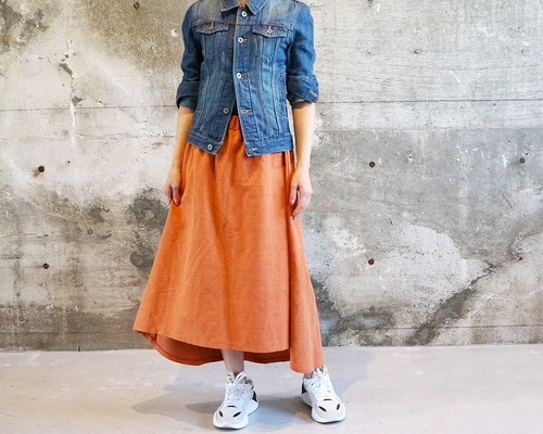 コットンリネンスカート 綿麻 ふんわり アシンメトリー オレンジ 柿色