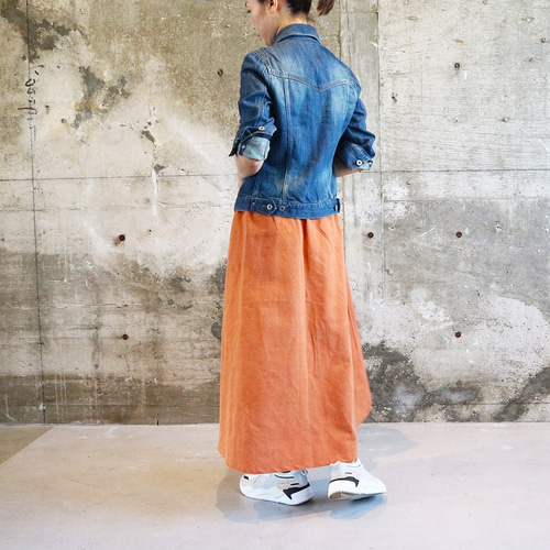 コットンリネンスカート 綿麻 ふんわり アシンメトリー オレンジ 柿色