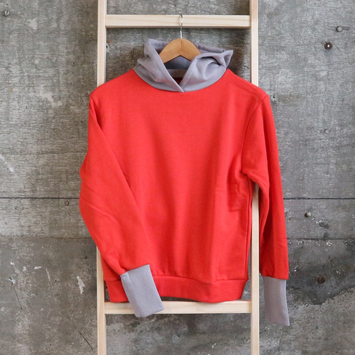 sale】レディース プルオーバーパーカー 赤×グレー バイカラー