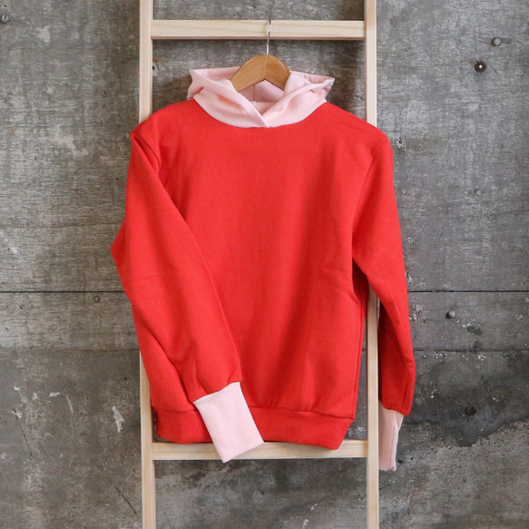 sale】レディース プルオーバーパーカー 赤×ピンク バイカラー