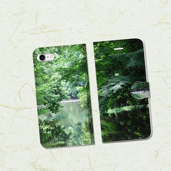 【IPhone・Android】緑の水辺　手帳型　iPhone Android 　－送料無料－ 1枚目の画像