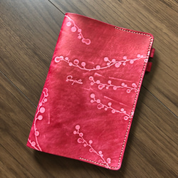 【ミモザディープピンク】ミモザが美しいA5ノート・ブックカバー 革  手帳カバー ペンホルダー付き キャンパス 1枚目の画像