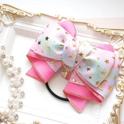 宇宙柄ゴールドホイルのカノンリボン【星チャーム付】 ヘアゴム