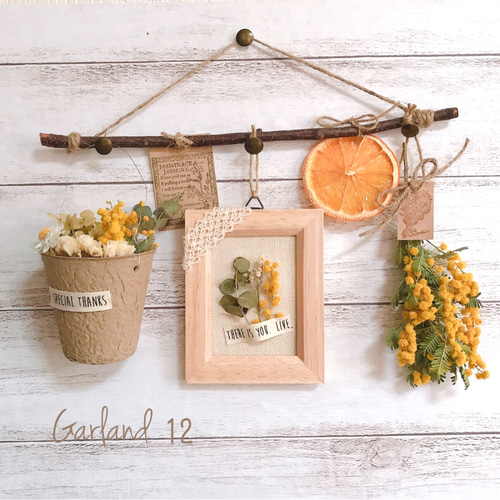 12.ミモザドライフラワーガーランド ♡スワッグ、インテリア雑貨、観葉  