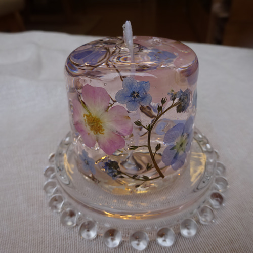 花露キャンドル(ピンクのミニ薔薇とネモフィラと忘れな草)ピンク