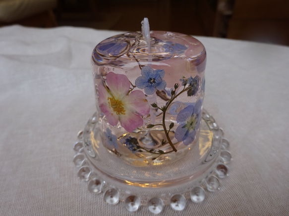 花露キャンドル(ピンクのミニ薔薇とネモフィラと忘れな草)ピンク