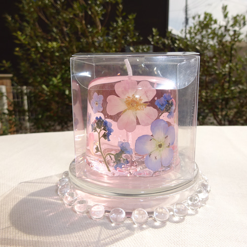 花露キャンドル(ピンクのミニ薔薇とネモフィラと忘れな草)ピンク
