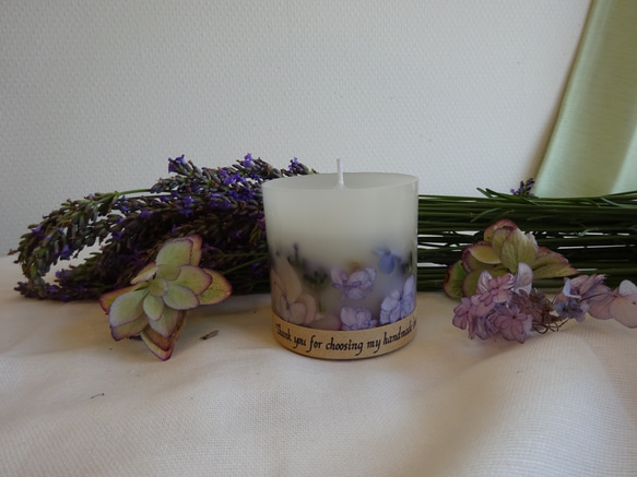 【受注生産】グリーン&紫の紫陽花とラベンダーのミニボタニカルキャンドル(ナチュラルラベンダーの香り) 3枚目の画像