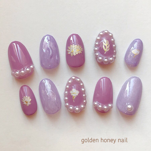 No.11】紫/上品/パール/花/パーティネイル/結婚式ネイル ネイルチップ