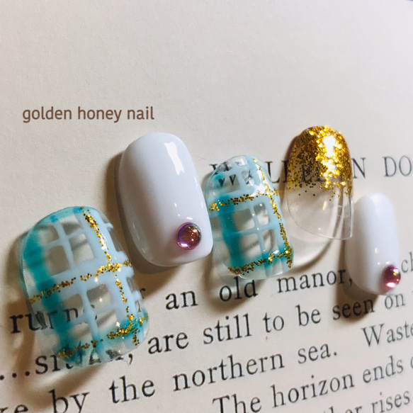 【sample】オーダーネイルチップ 推し活 付け爪 つけ爪 青 ゴールド sample】オーダーネイルチップ 推し活 付け爪 つけ爪 青 ゴールド