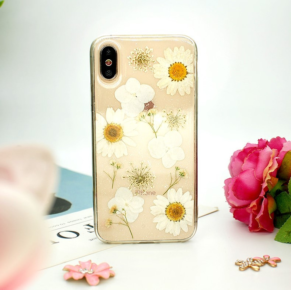 白粉花　押し花ケース iPhone/Galaxy/Xperia対応可能 1枚目の画像