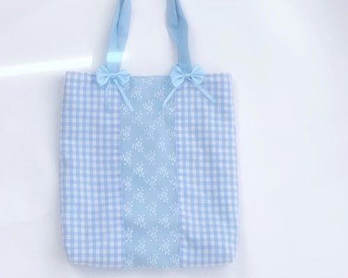 ギンガムチェックのレーストートバッグ サックスブルー ロリータ