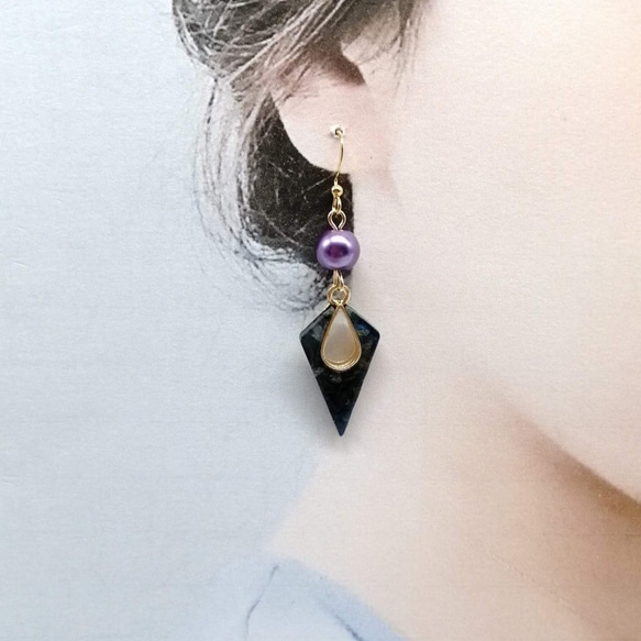 【外科不銹鋼耳環】復古幾何魅力紫珍珠耳環 第3張的照片