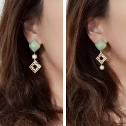 【外科不銹鋼耳環】綠色方形切割珍珠鏤空鑽石耳環 第4張的照片