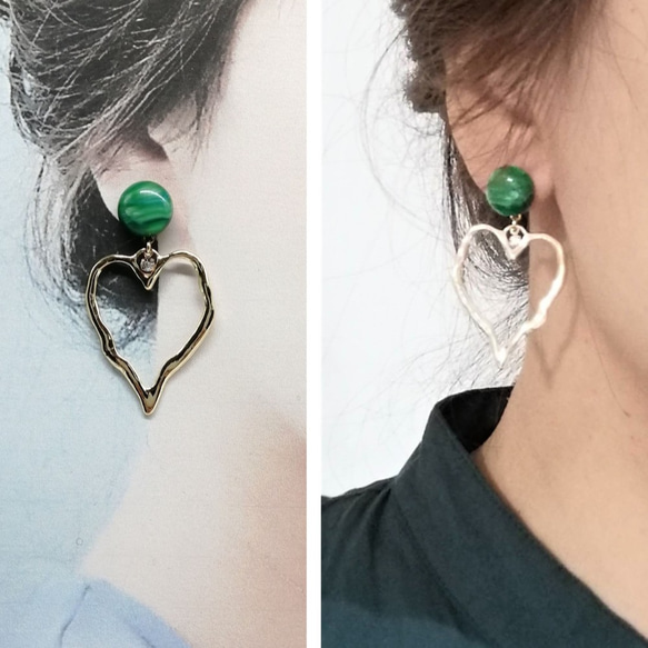 [外科不銹鋼耳環] 綠色大理石 ♥ 石心吊飾耳環 第3張的照片