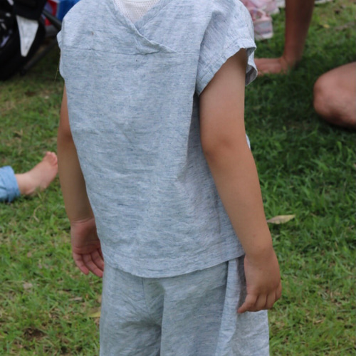 セール中＊綿麻 男の子セットアップ フレンチスリーブトップス