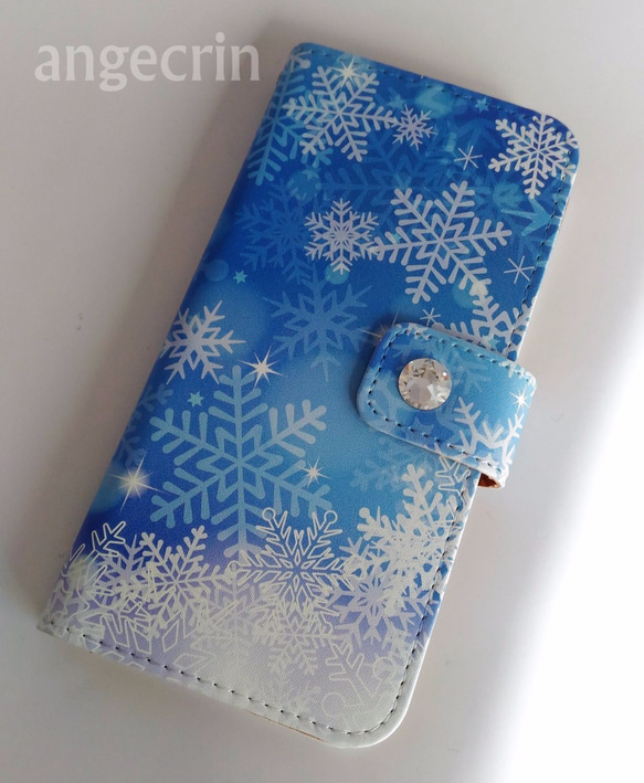 綺麗な雪の結晶　ワンポイントスワロフスキー【手帳型スマホケース】iPhone アンドロイド 全機種対応 1枚目の画像