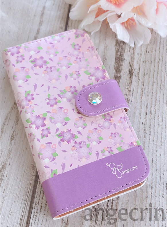 桜の小花柄 ロゴ入り 【手帳型スマホケース】iPhone アンドロイド ほぼ全機種取扱い 2枚目の画像