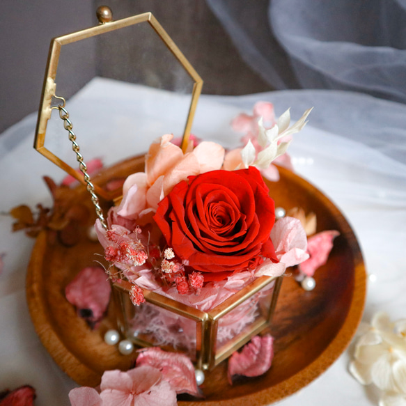 《紅絲絨色永生玫瑰乾燥花玻璃戒指盒》 第2張的照片