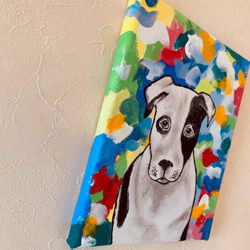【原画】いぬのキャンバスイラスト 送料無料】犬の気持ち モノクロわんちゃんとカラフル背景アート