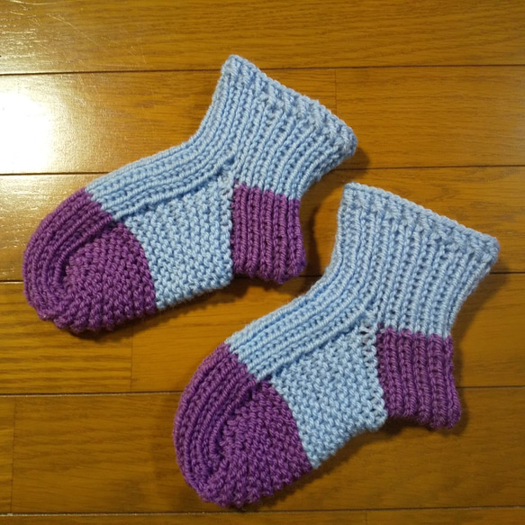 毛糸くつした☆ レッグウォーマー／For Woman＆Kids【 Light blue & Purple 】 3枚目の画像