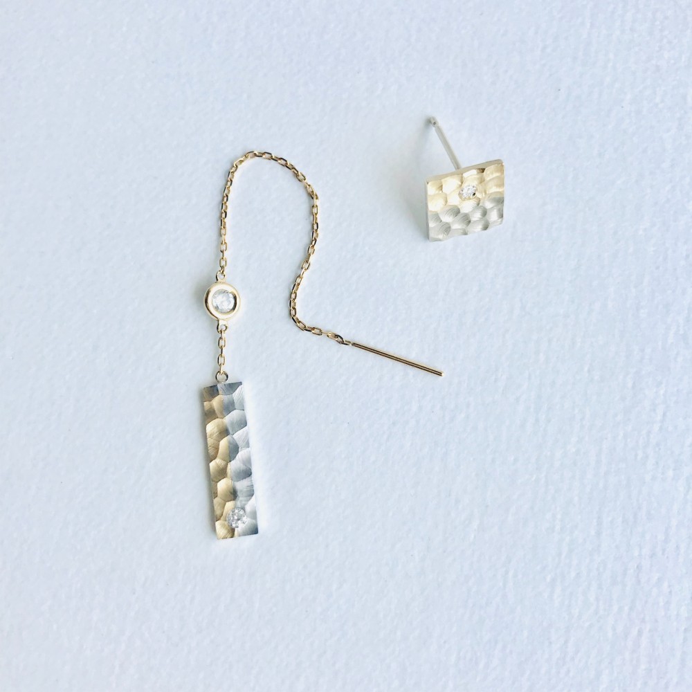 K18 槌目［GoldsSlate］アシンメトリーピアスセット