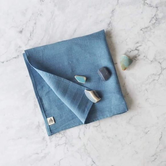 亞麻素色手帕 小方巾 水藍 第1張的照片