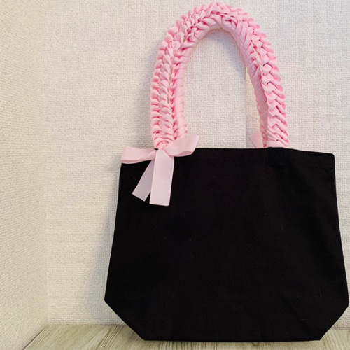 三つ編み風リボントートバッグ♡大人ダークグレー♡グログランリボン