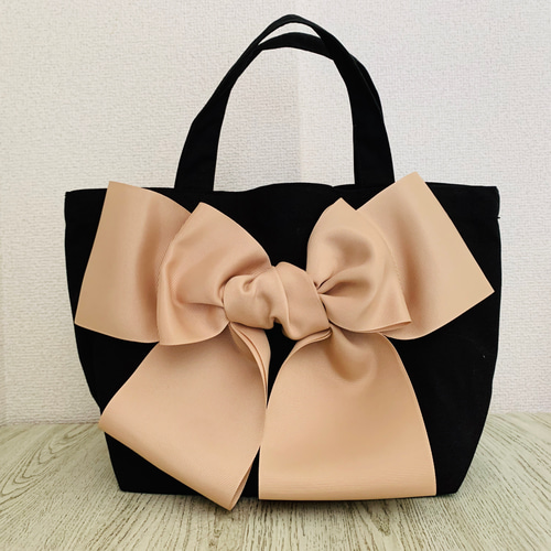 浴衣帯風リボン♡でかリボントートバッグ♡ベージュグログラン