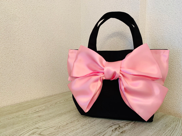 ビッグリボントートバッグ♡ピンクサテンリボン♡Sサイズ