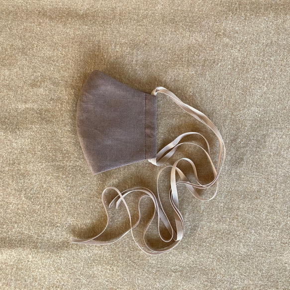 【リボンマスク】リトアニアリネン［モカ］ロングリボン・Mサイズ・立体マスク 8枚目の画像