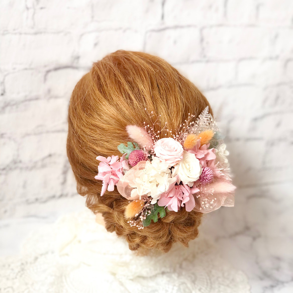 【成人式振袖・卒業式袴・ウェディングに❤︎】 ドライ・プリザーブドフラワーの髪飾り（オレンジピンク）和装ヘッドドレス 2枚目の画像