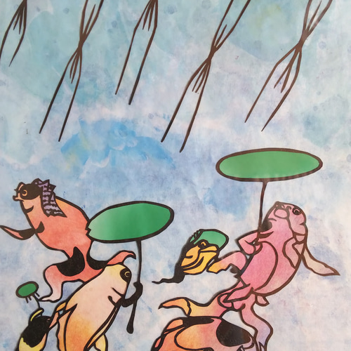 雨だ‼️にはかあめんぼう 切り絵 浮世絵 国芳 金魚 切り絵 yamatai