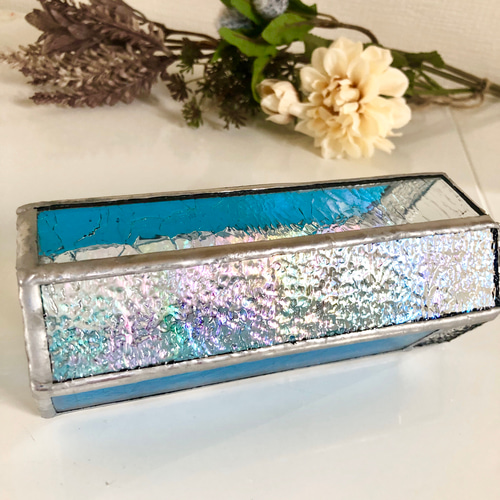 ステンドグラス花瓶☆クラッケル＋オーロラ色＋水色の花瓶 一輪挿し