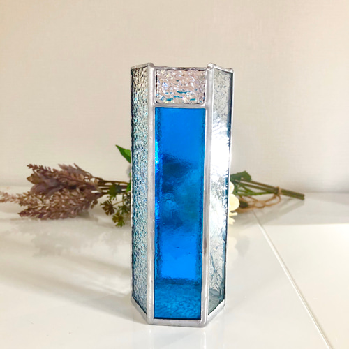 飾り物　ステンドグラス　花　花瓶 ステンドグラス花瓶☆クラッケル＋オーロラ色＋水色の花瓶 一輪挿し