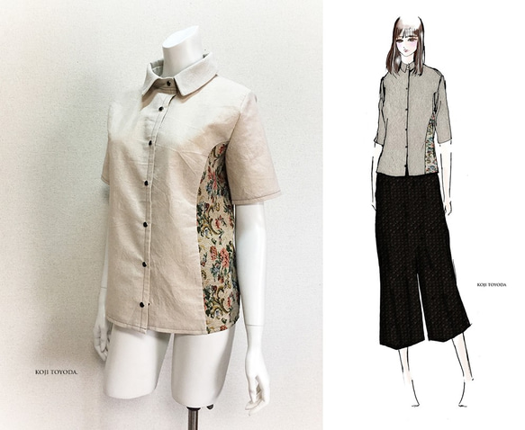 1点もの・デザイン画付き】ゴブラン織り＆綿麻半袖ブラウス（KOJI 