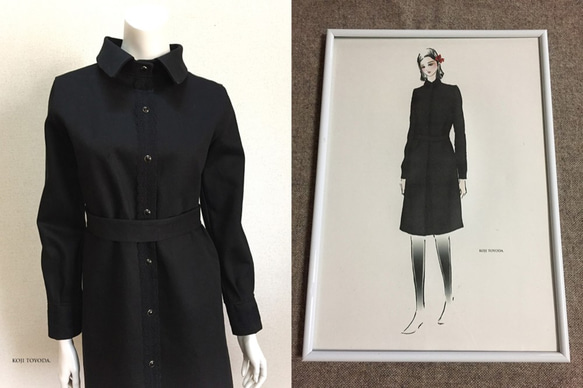 【1点もの・デザイン画付き】岡山産デニム（黒）シャツ型コートワンピース（KOJI TOYODA） 2枚目の画像