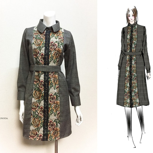 1点もの・デザイン画付き】ゴブラン織り切り替えベルト付きシャツ型  