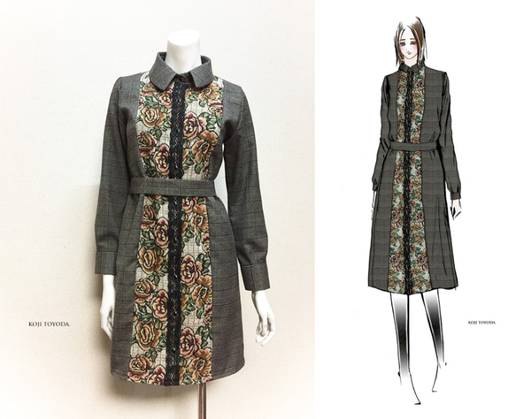 1点もの・デザイン画付き】ゴブラン織り切り替えベルト付きシャツ型  