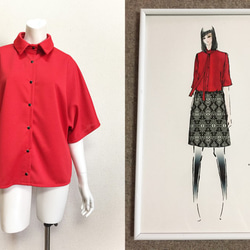 【1点もの・デザイン画付き】タイ付きゆったり着物袖ドットクールニット赤ブラウス（KOJI TOYODA） 2枚目の画像